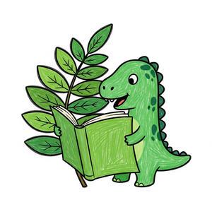 Dinosaur Reading a Large Fern Leaf as a Book