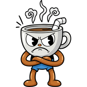 A Grumpy, Steaming Coffee Mug with Arms Crossed