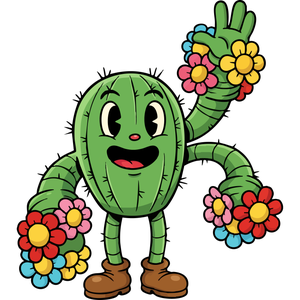 A Waving Cactus Character with Flower Hands