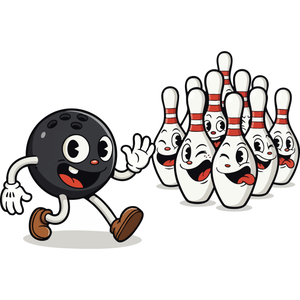 a Cheerful Bowling Ball Rolling Towards Pins