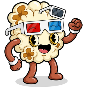 a Happy Popcorn Character in 3D Glasses